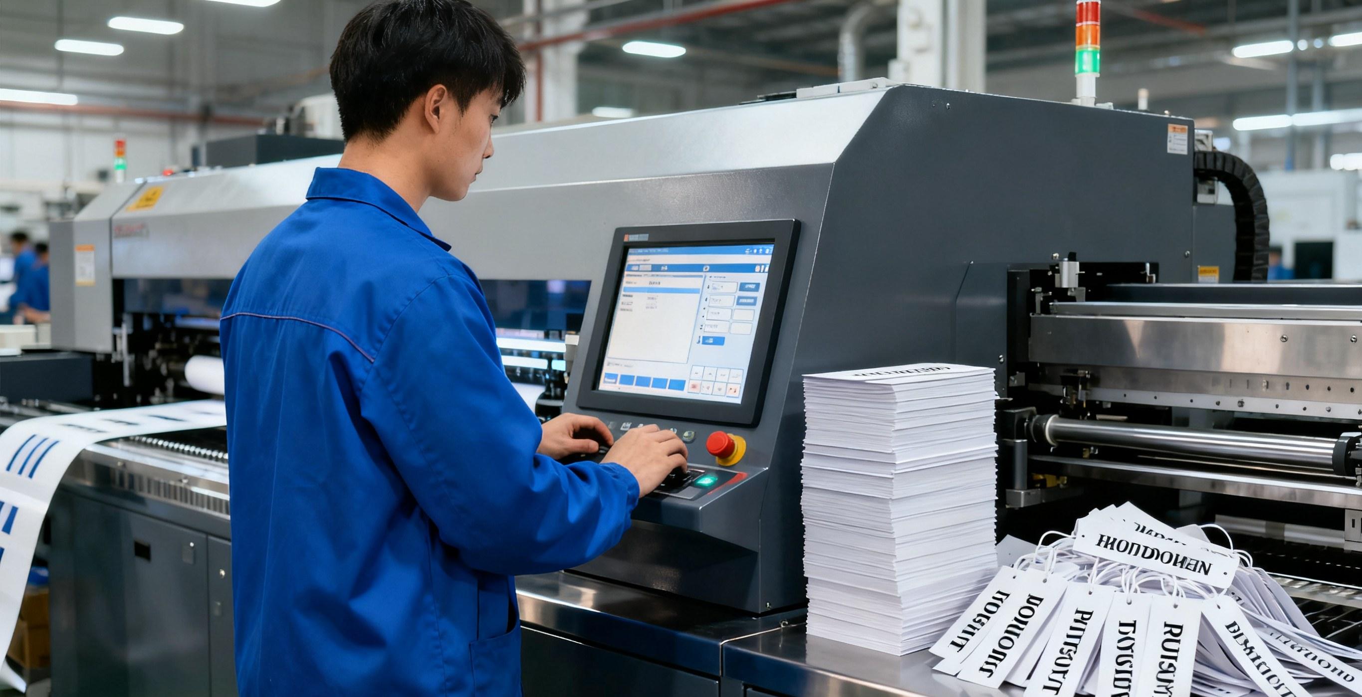 Operator using digital hang tag printer for apparel tags.